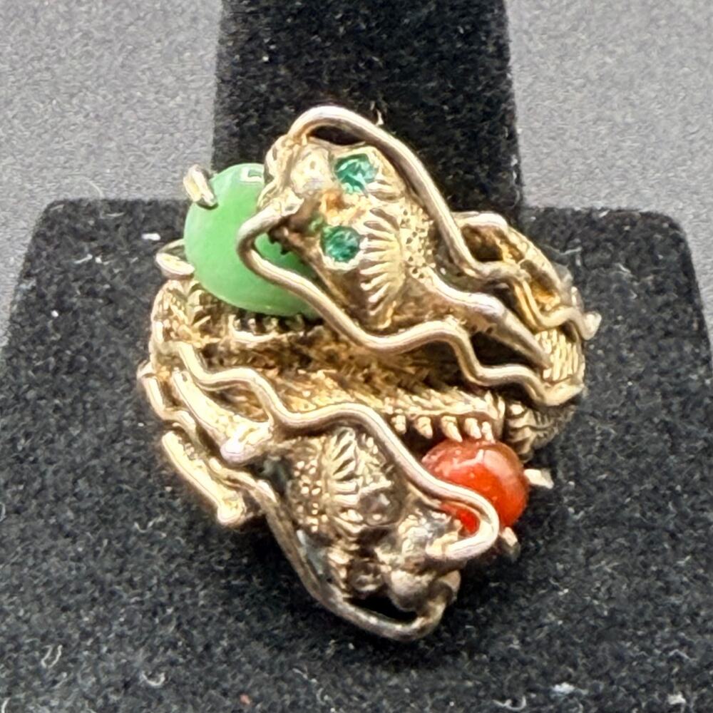 Vintage Sterling Silver Dragon Ring Jade Coral Size 8.5 gothic